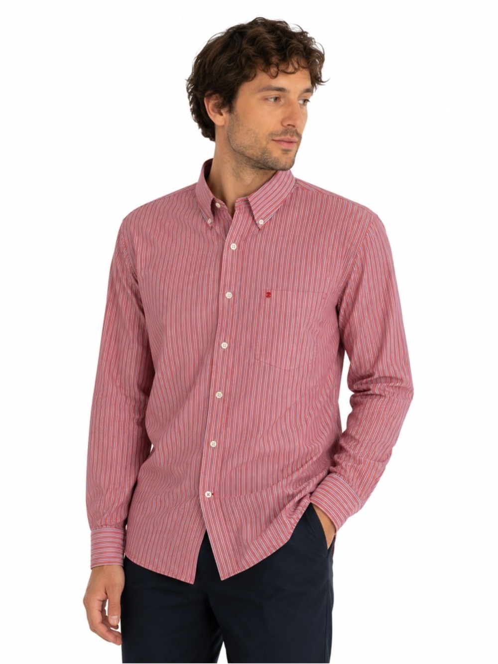 IZOD Men's Blue Orange Striped Long Sleeved Button Down Dress Shirt Medi…